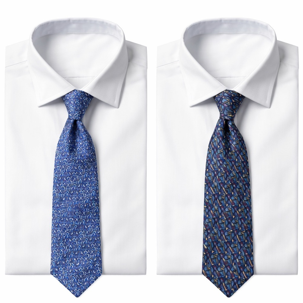 Two Ties 2 Widths 100% Silk in Patterned Blue Tones